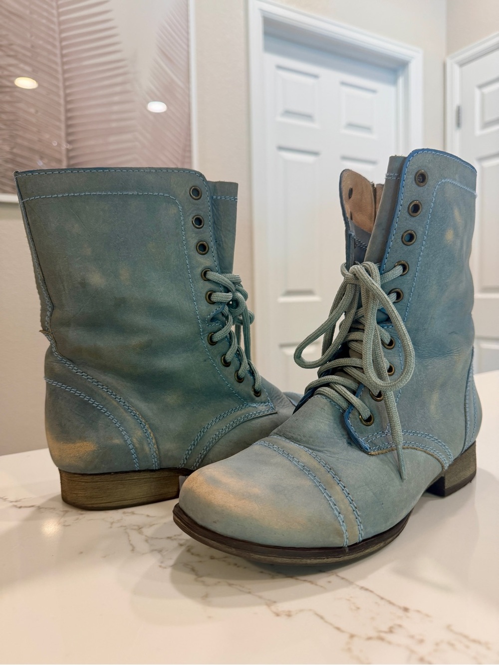 Steve Madden Dusty Blue Lace-Up Leather Ankle Boots